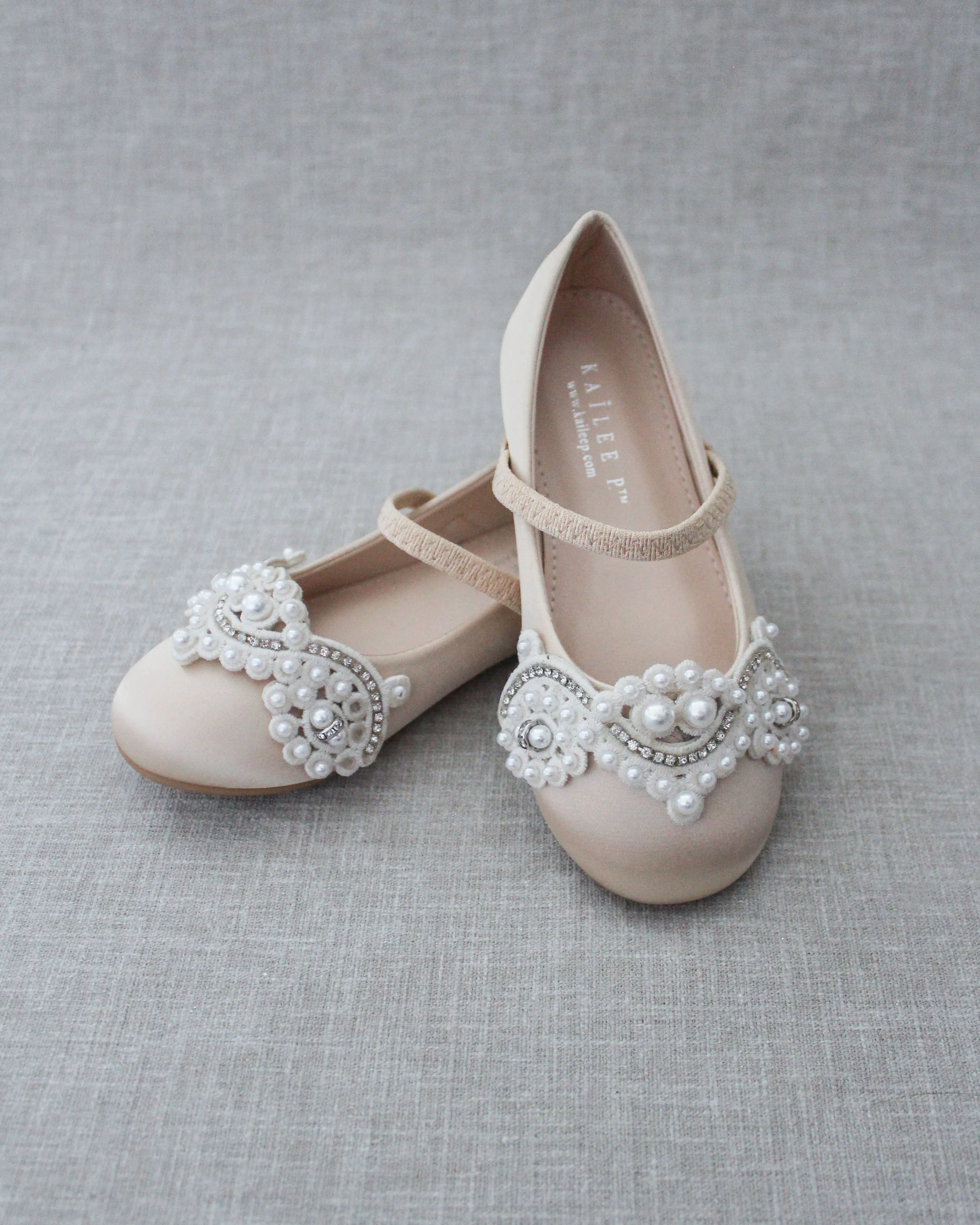 Champagne Satin Mary Jane Flats with Small Pearls Applique