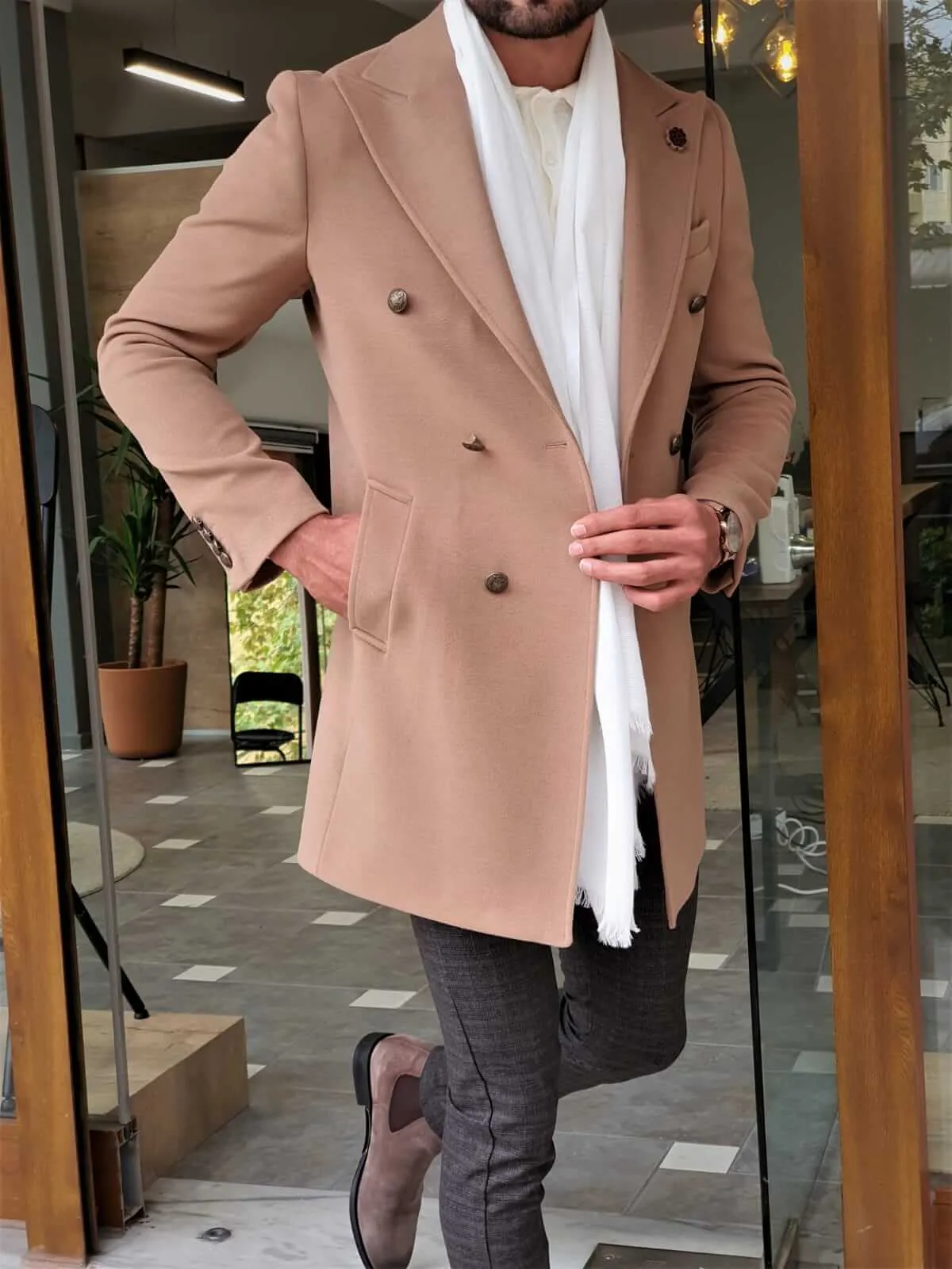 COLDEN DOUBLE BREASTED BEIGE WOOL COAT