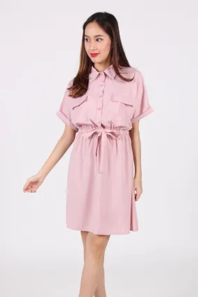 Collar Waist Tie Bat Wing Shirt Dress in Pink