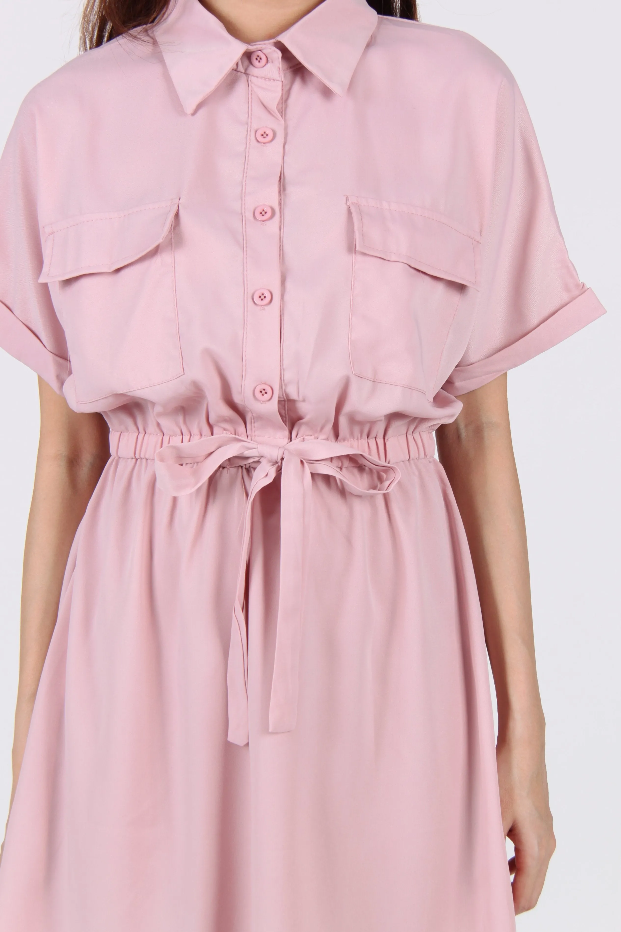 Collar Waist Tie Bat Wing Shirt Dress in Pink