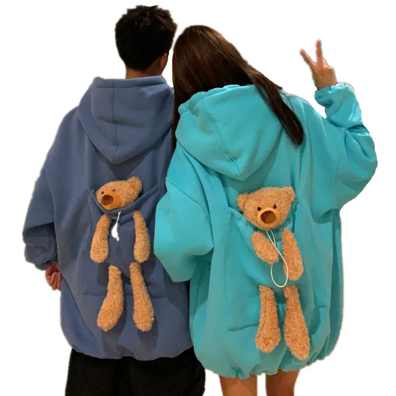 Couple Matching Autumn Hoodies with Bear Toy in Big  Back Pocket