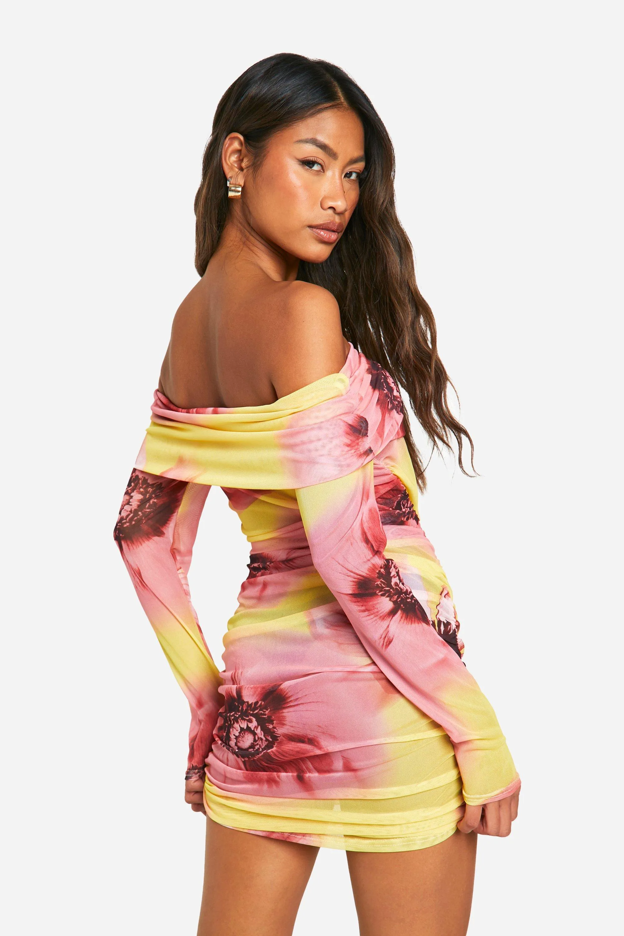 Dresses | Bardot Floral Mesh Mini Dress | boohoo