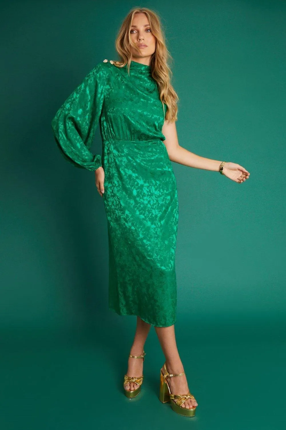 Dresses | One Shoulder Jacquard Midi Dress With Gold Buttons In Green | ANOTHER SUNDAY