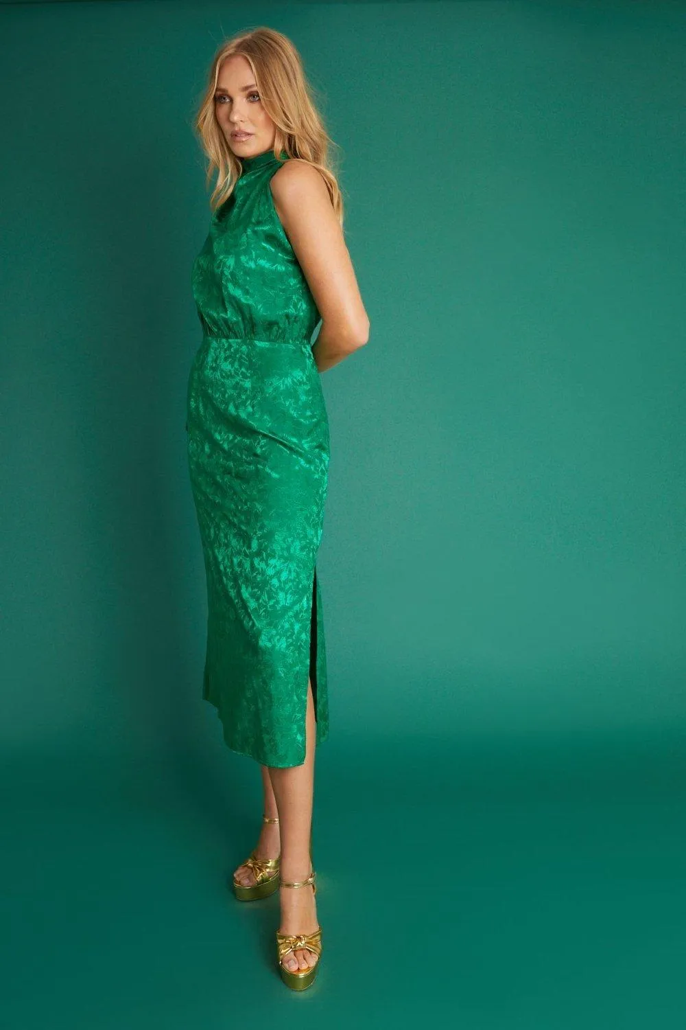 Dresses | One Shoulder Jacquard Midi Dress With Gold Buttons In Green | ANOTHER SUNDAY