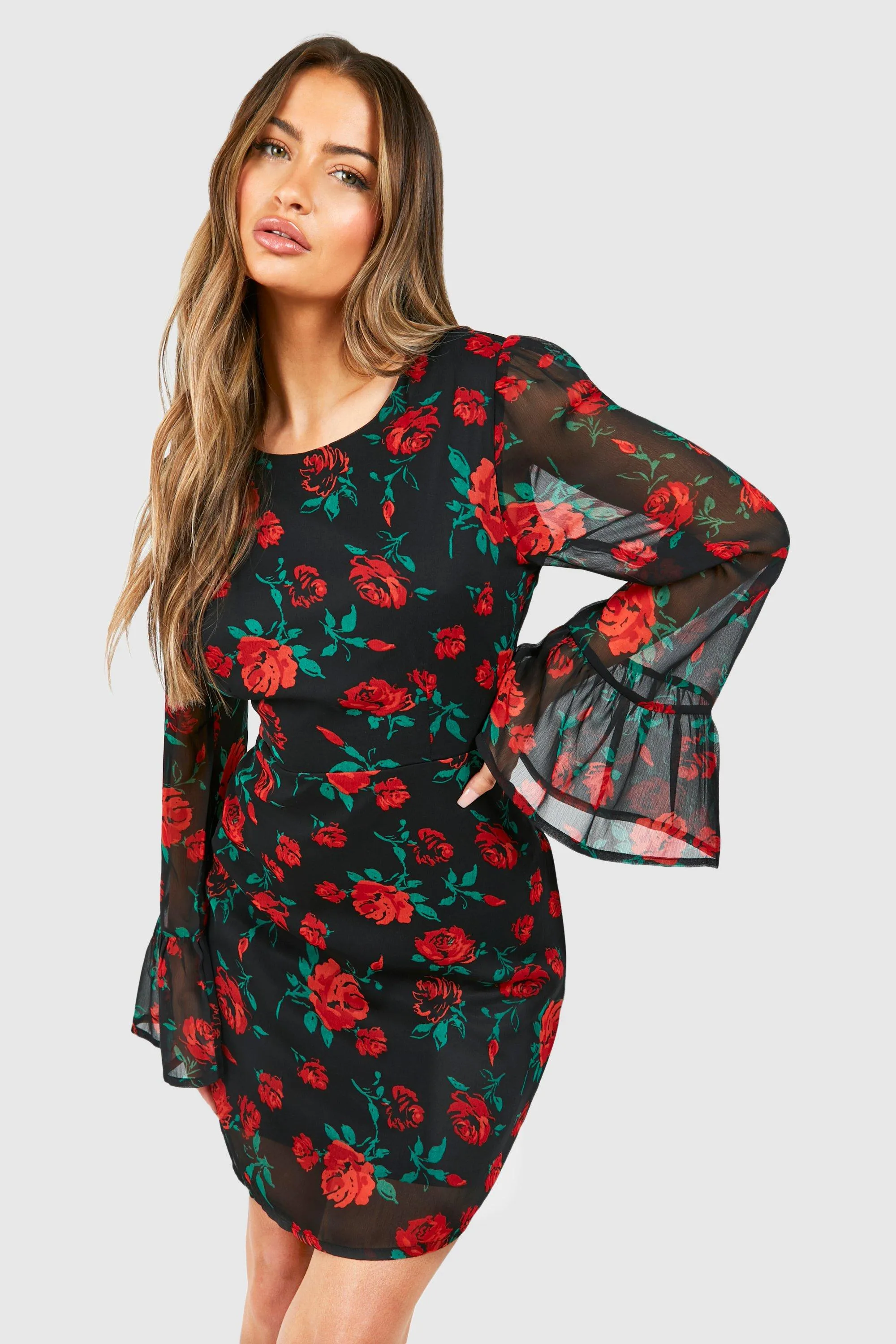 Dresses | Rose Print Flare Sleeve Chiffon Mini Dress | boohoo