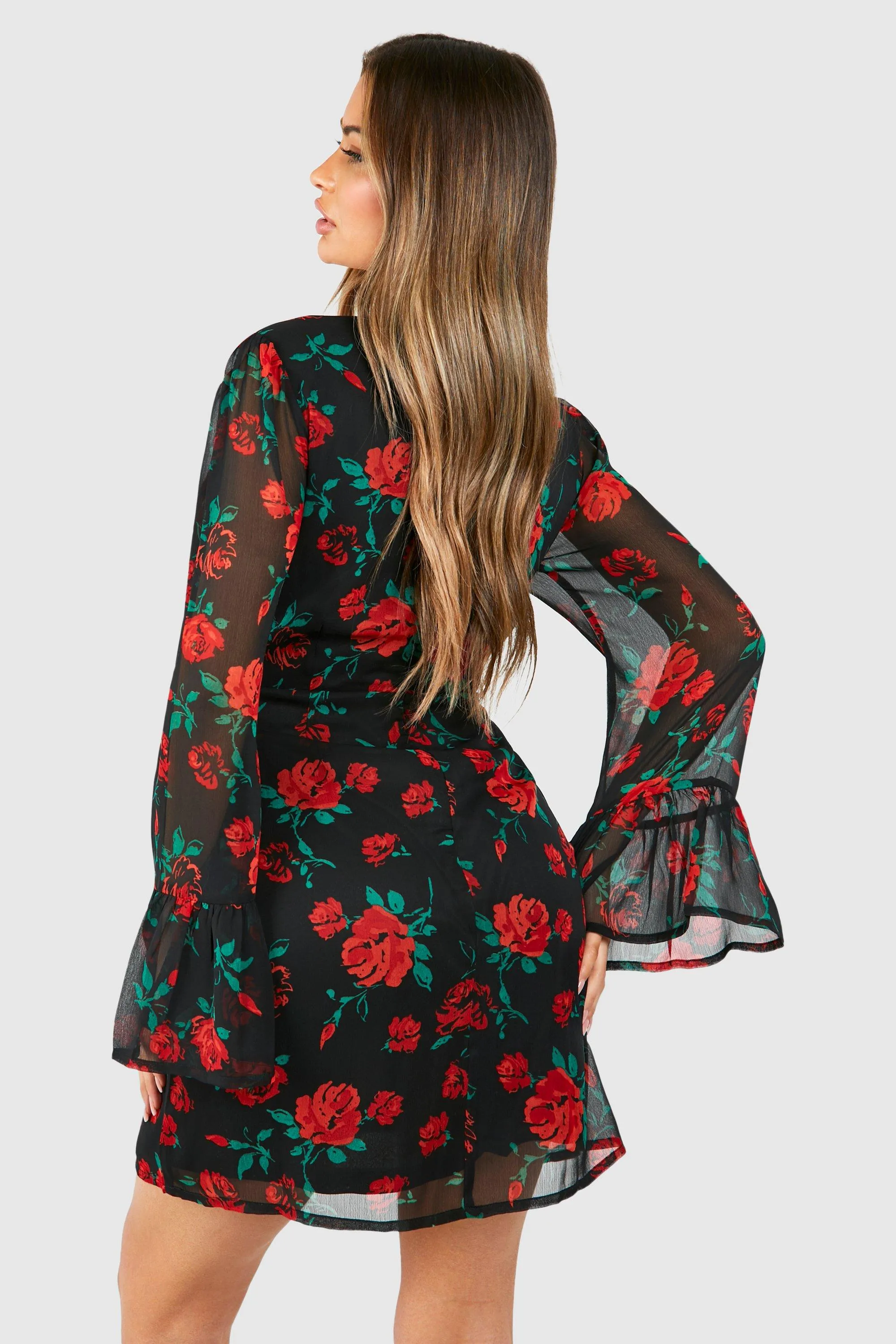 Dresses | Rose Print Flare Sleeve Chiffon Mini Dress | boohoo