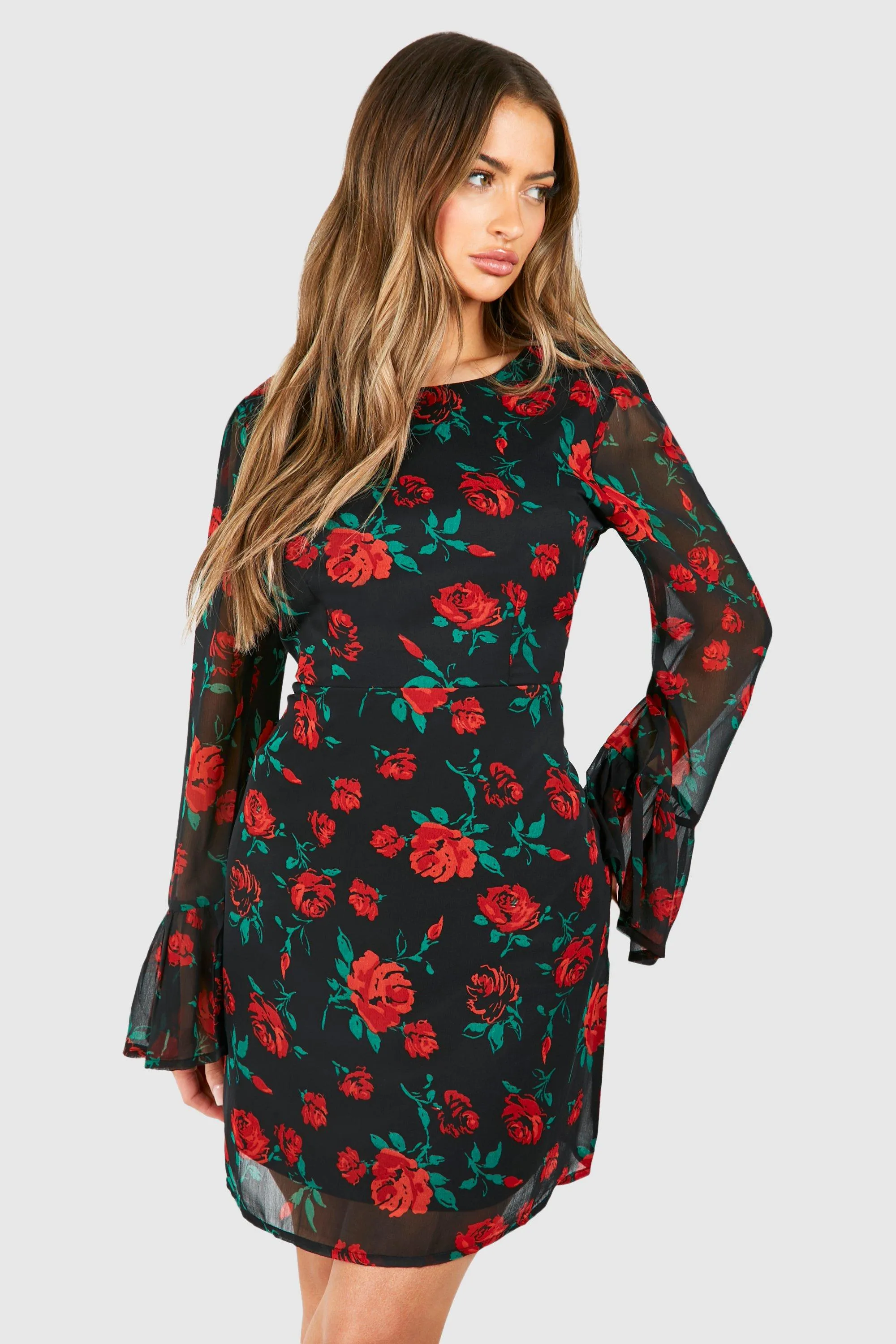 Dresses | Rose Print Flare Sleeve Chiffon Mini Dress | boohoo