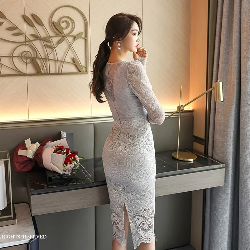 Elegant Korean Women's Hollow Out Lace Full Sleeves Office Party Dresses