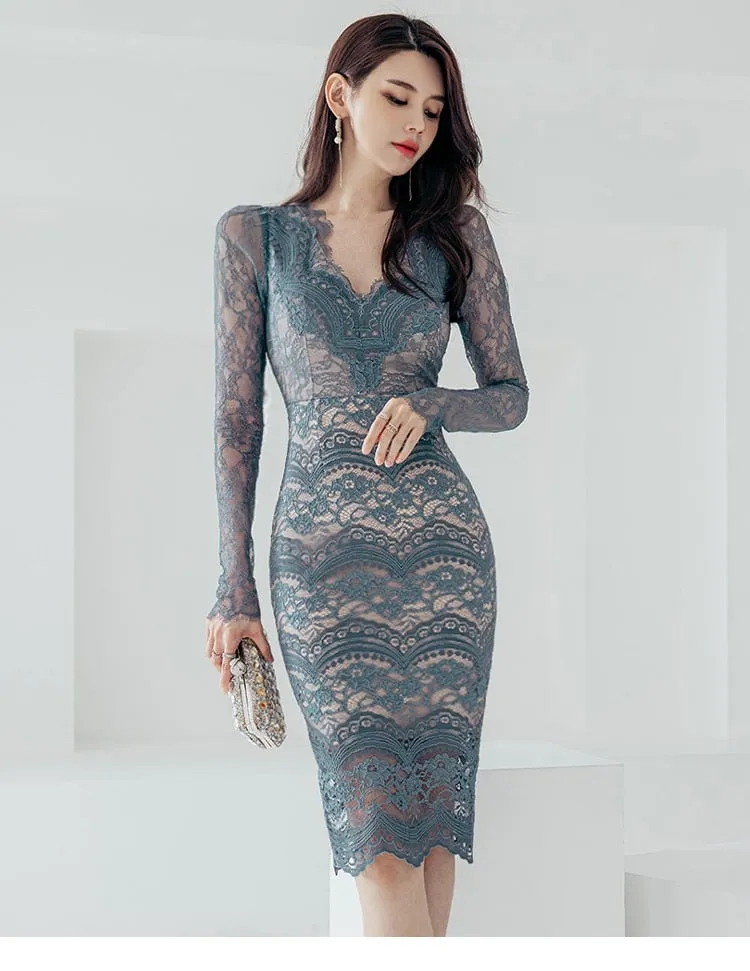 Elegant Korean Women's Hollow Out Lace Full Sleeves Office Party Dresses