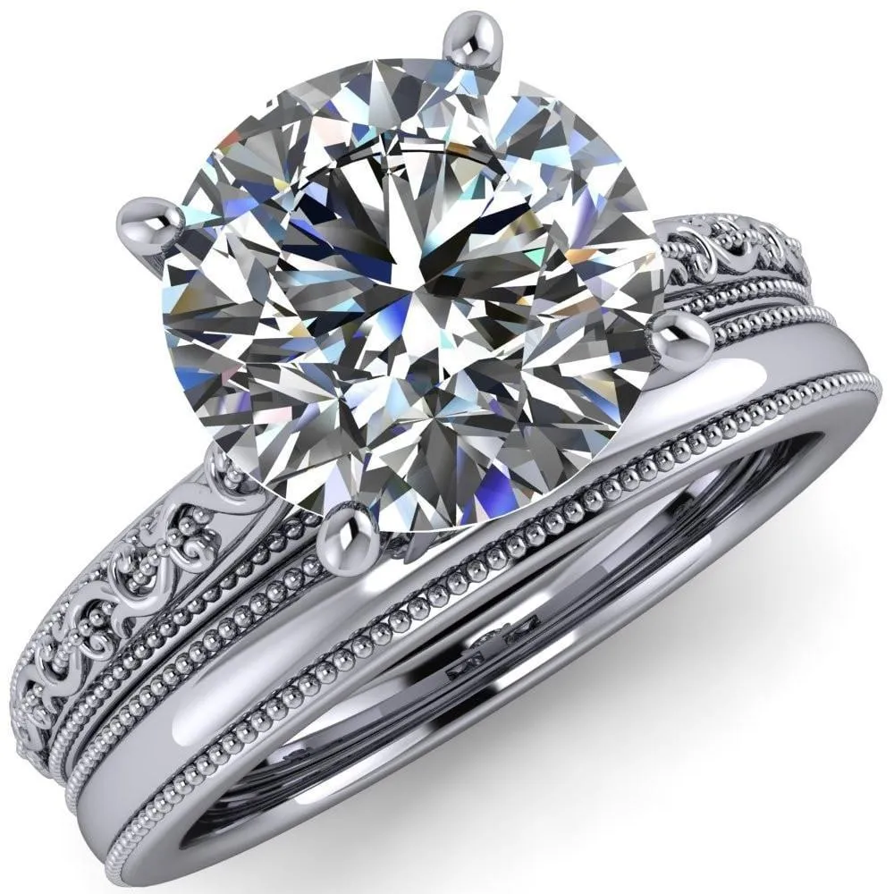 Elsa Round Lab-Grown Diamond Center Stone Solitaire Milgrain 4 Prong Ring