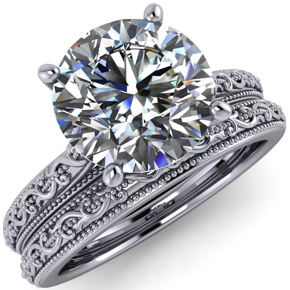 Elsa Round Lab-Grown Diamond Center Stone Solitaire Milgrain 4 Prong Ring