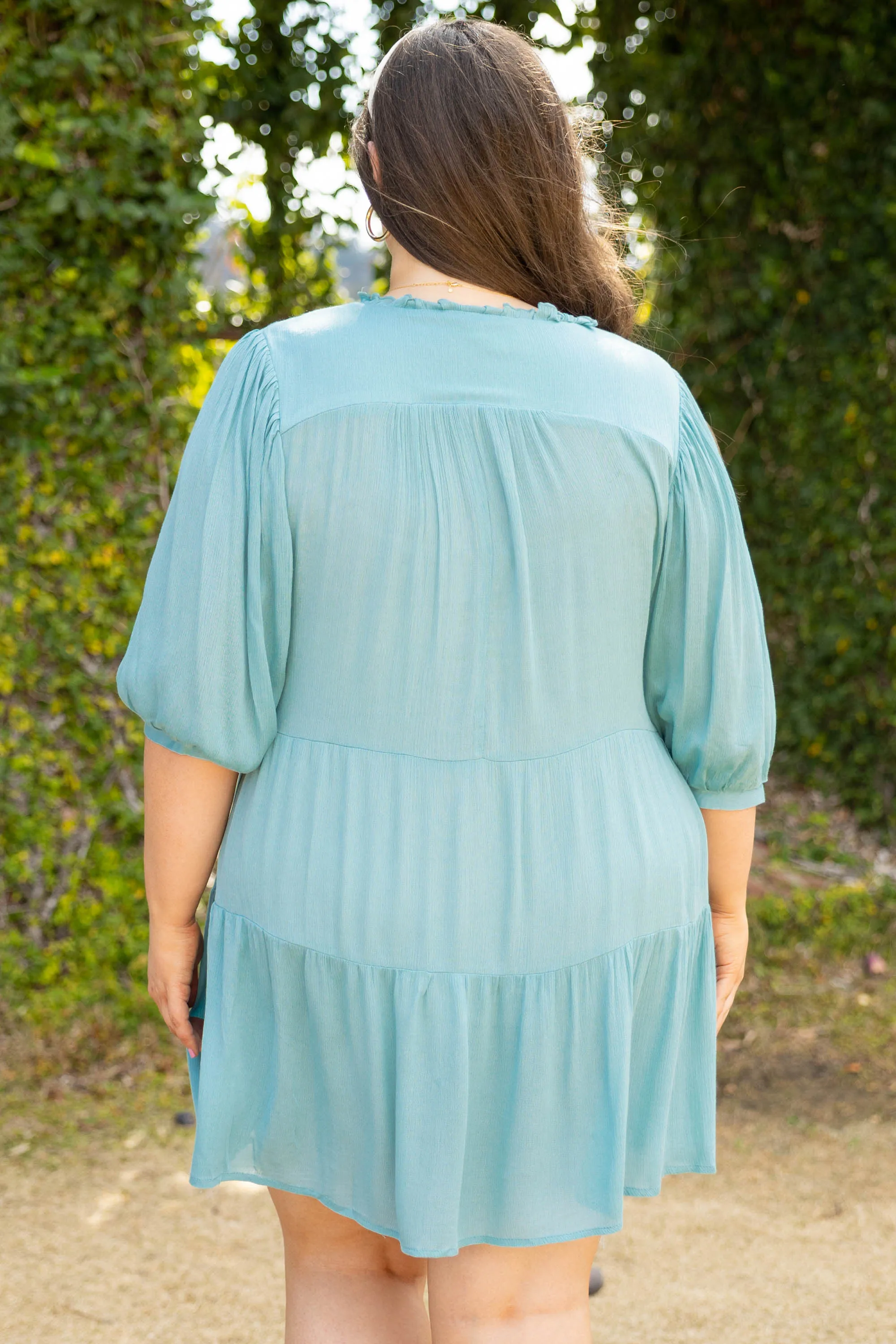 Embroidered Elegance Dress, Mint Blue