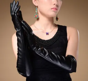 Evening Party Elbow Finger Mitten Catwoman Leather Long Gloves Black