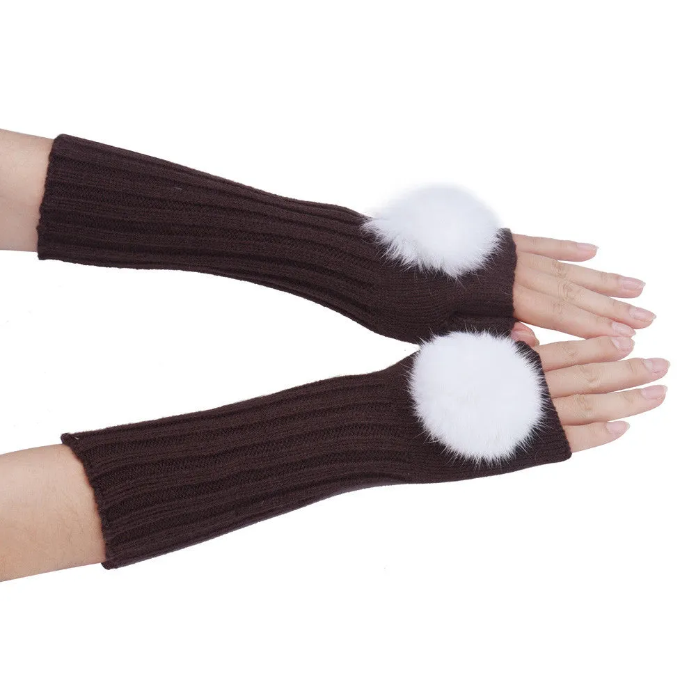 Feida gloves Women's Warm Hair Bulb Knitting Half Fingerless Gloves Ladies Gloves