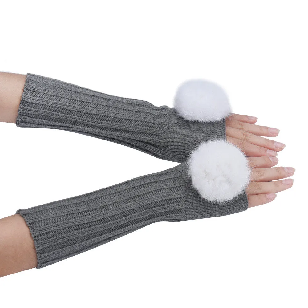 Feida gloves Women's Warm Hair Bulb Knitting Half Fingerless Gloves Ladies Gloves