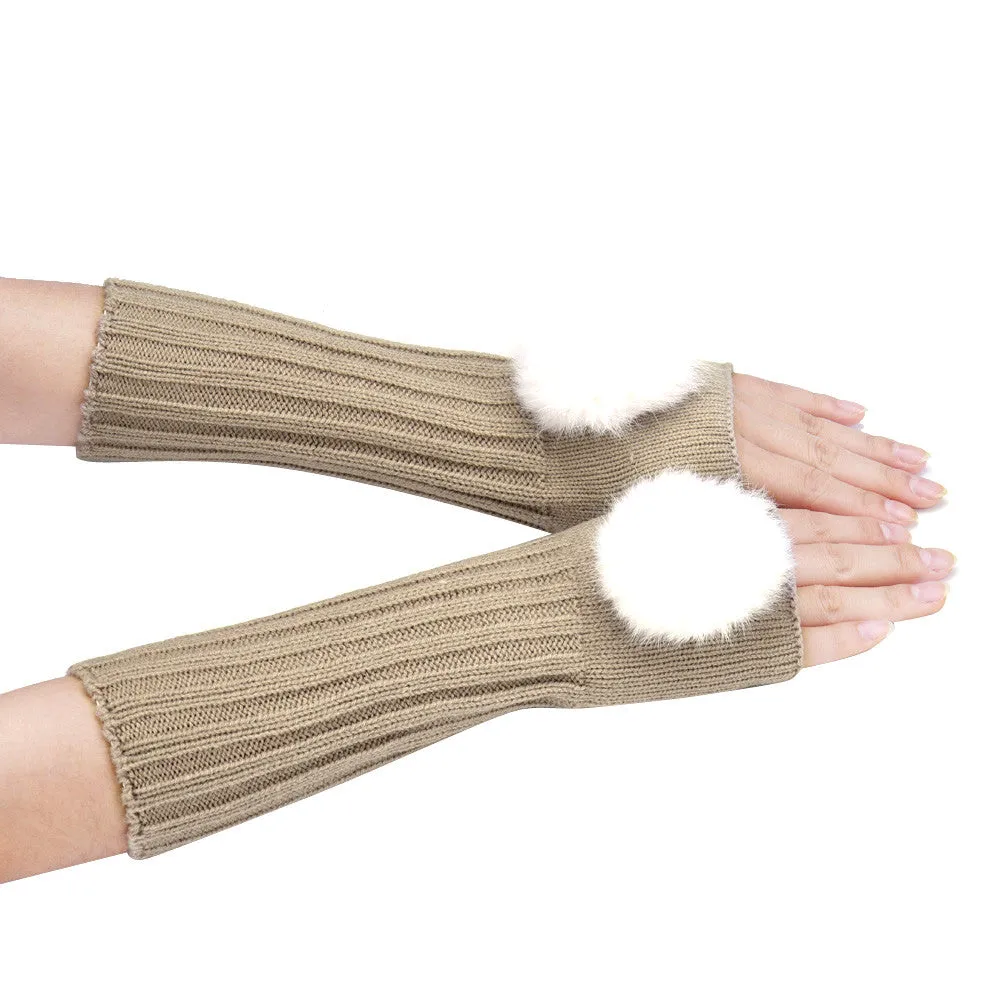 Feida gloves Women's Warm Hair Bulb Knitting Half Fingerless Gloves Ladies Gloves