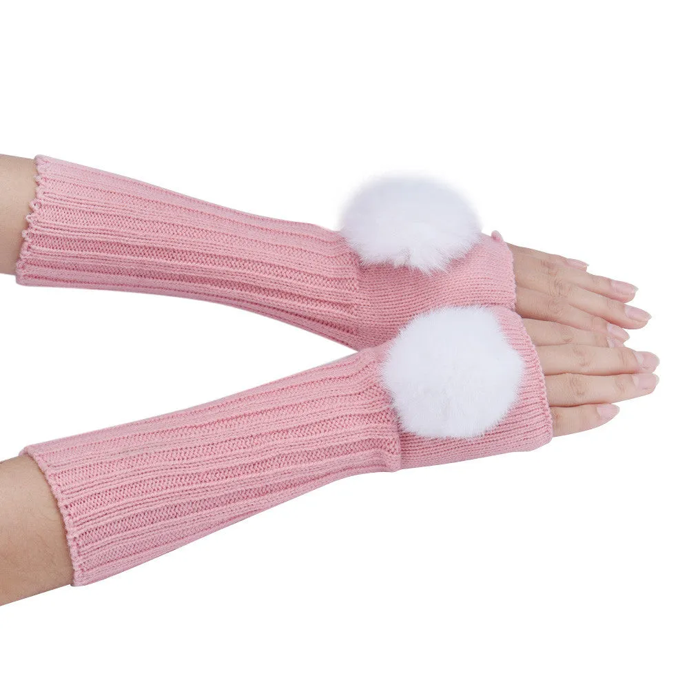 Feida gloves Women's Warm Hair Bulb Knitting Half Fingerless Gloves Ladies Gloves