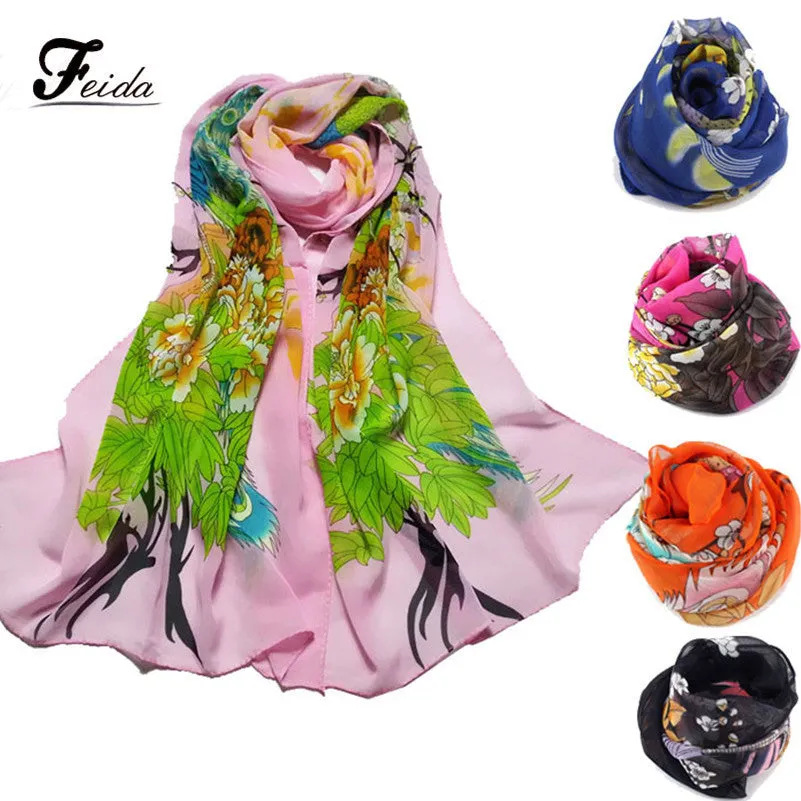 Feida Super scarfs Women Peacock Plum Printed Soft Muffler Chiffon Scarf Wrap Shawl neckerchief