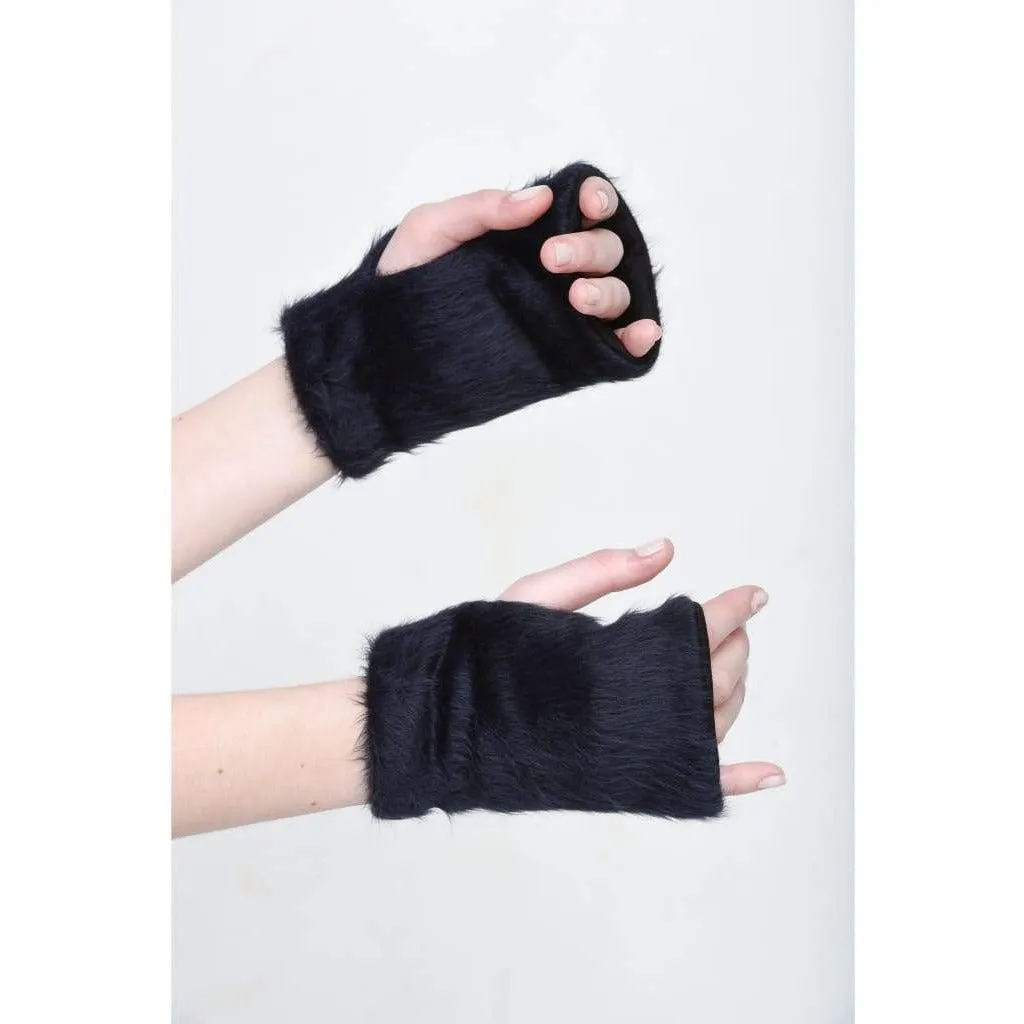 Furry Fingerless Mittens - Black