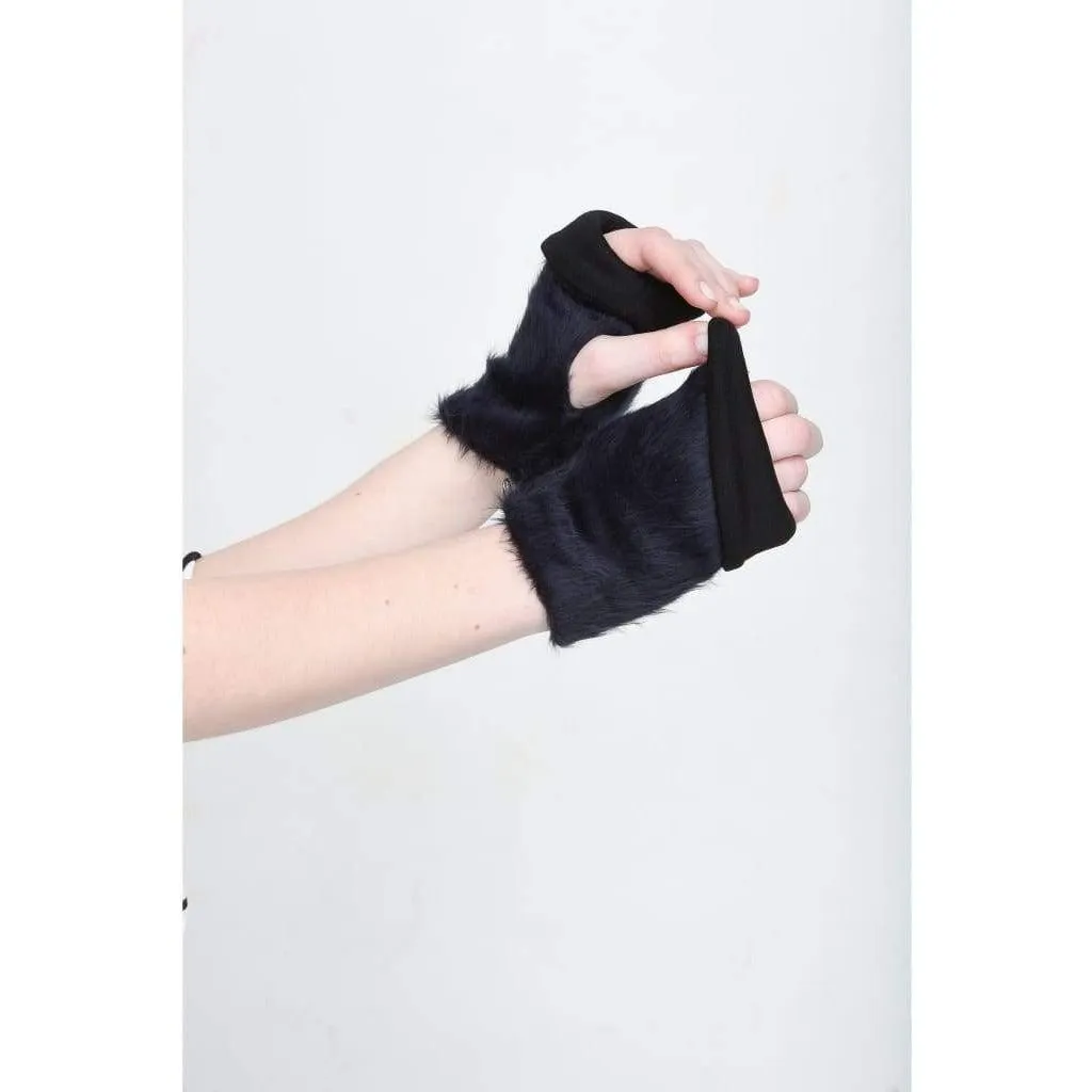 Furry Fingerless Mittens - Black