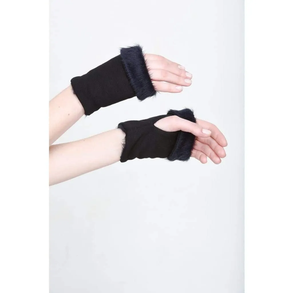 Furry Fingerless Mittens - Black