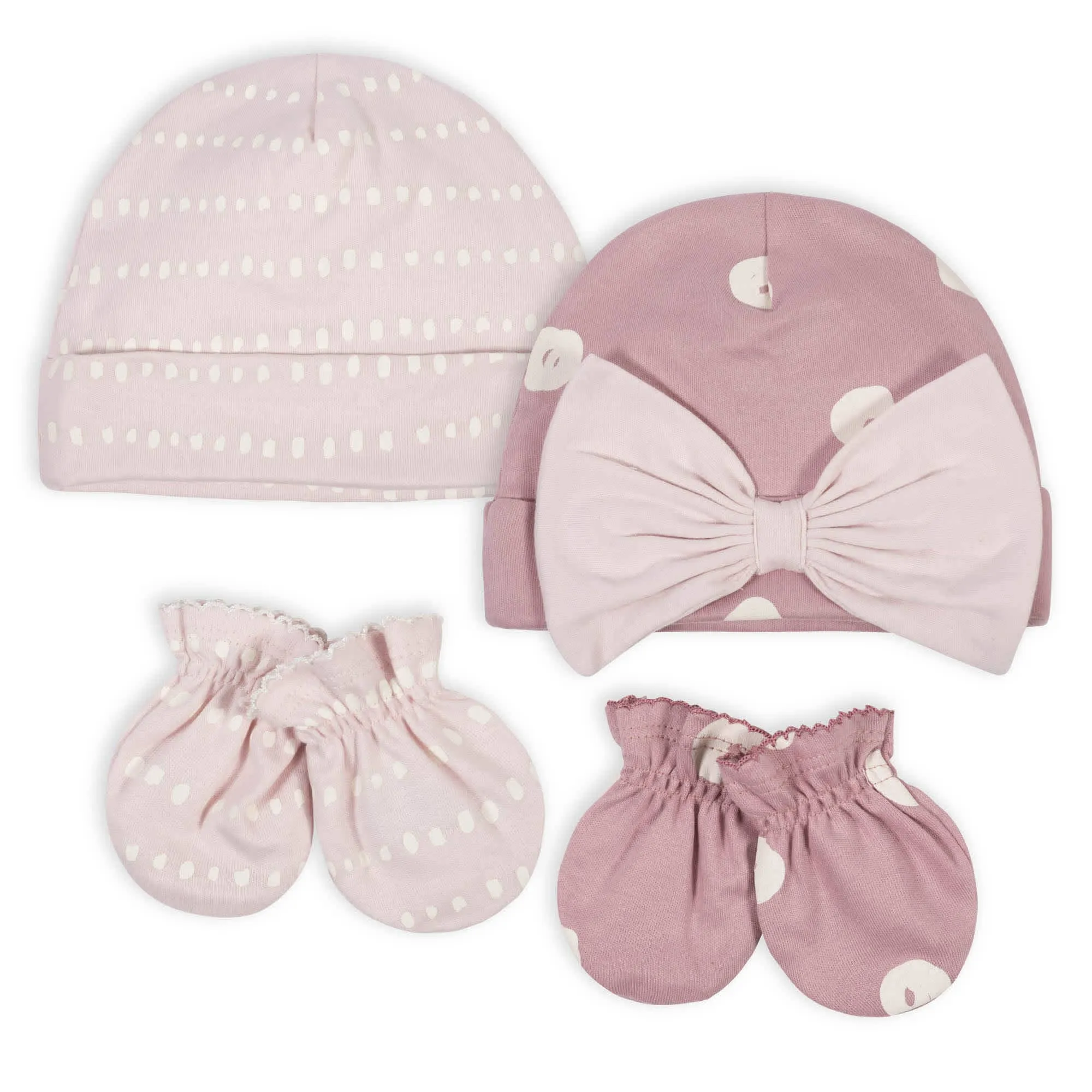 Gerber Organic 4-Piece Baby Girls Dotted Line Cap and Mitten Set