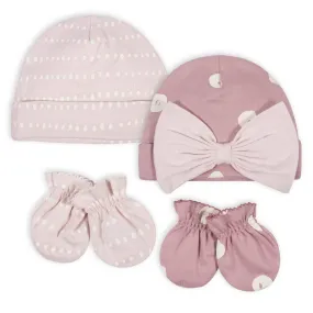 Gerber Organic 4-Piece Baby Girls Dotted Line Cap and Mitten Set