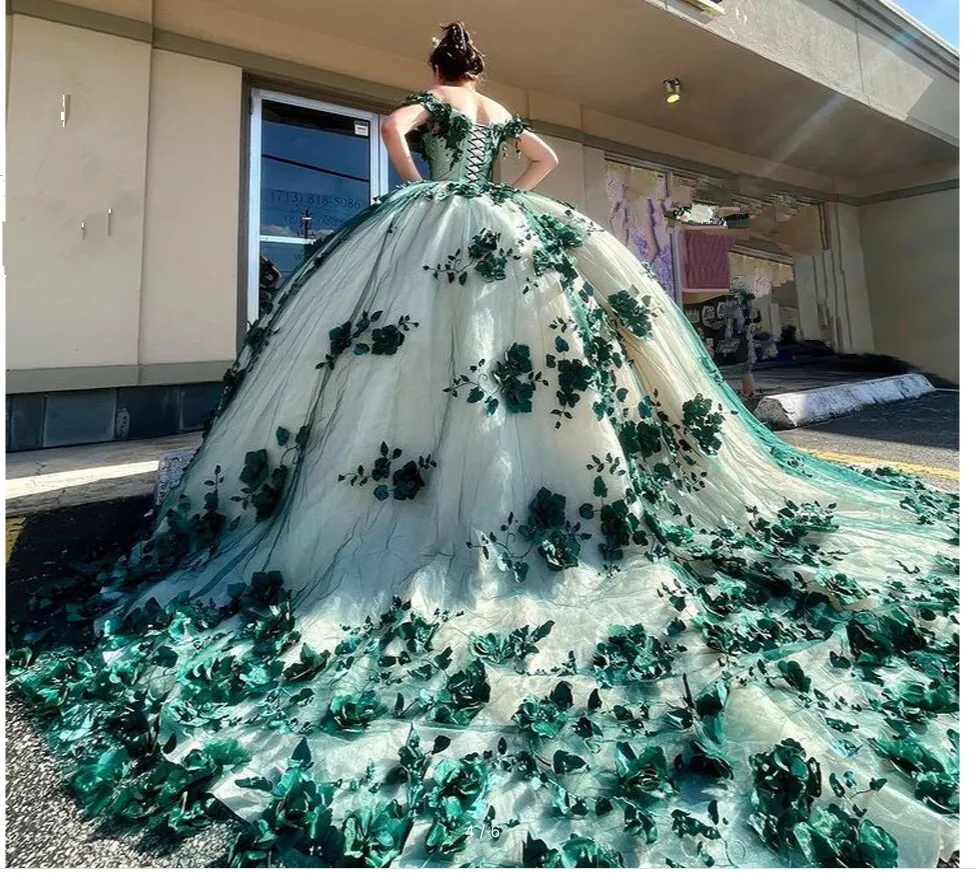 Green Ball Gown Quinceanera Dresses Off Shoulder 3d Flowers Beads Applique Sweet 15 16 Party Prom Dress Y292