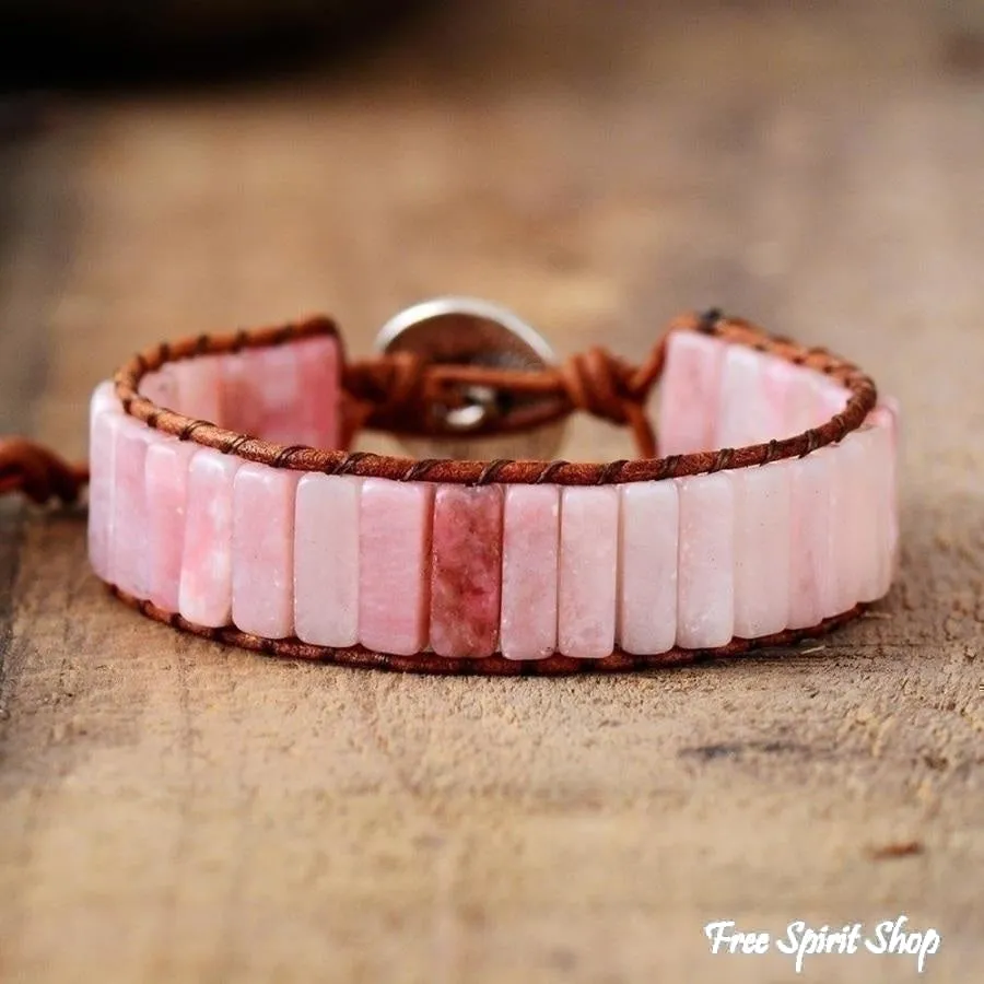 Handmade Natural Pink Opal Stone Leather Wrap Bracelet