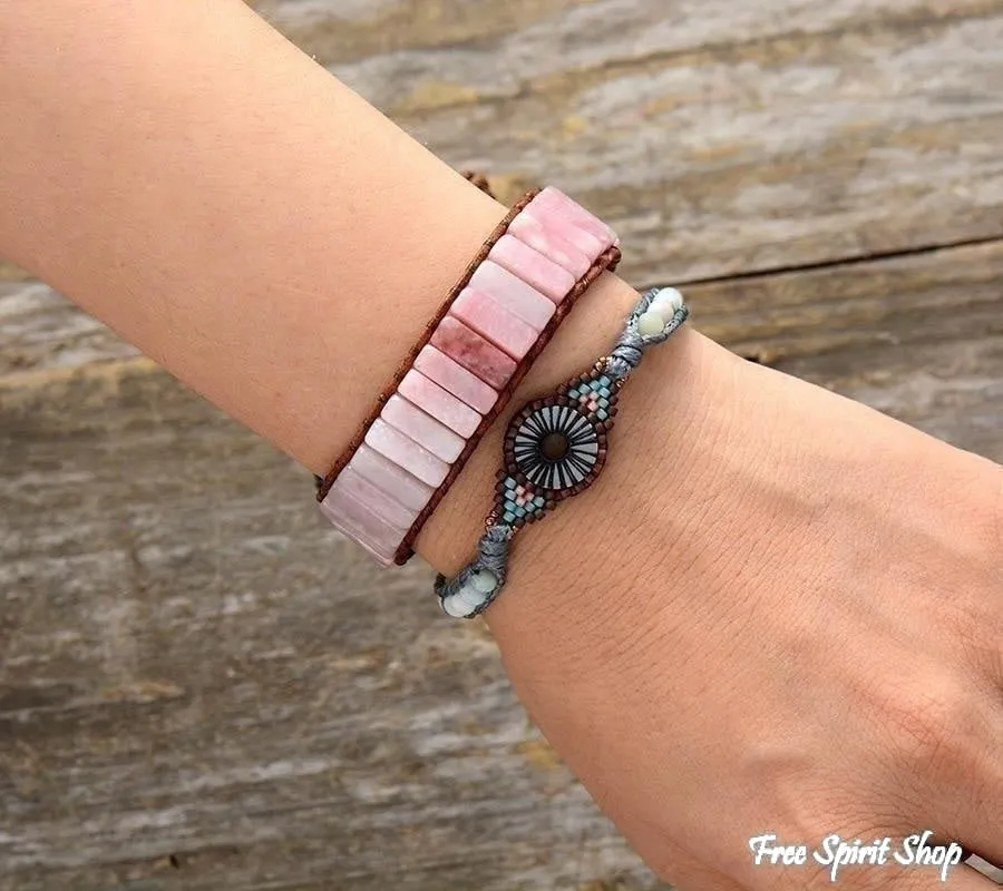 Handmade Natural Pink Opal Stone Leather Wrap Bracelet