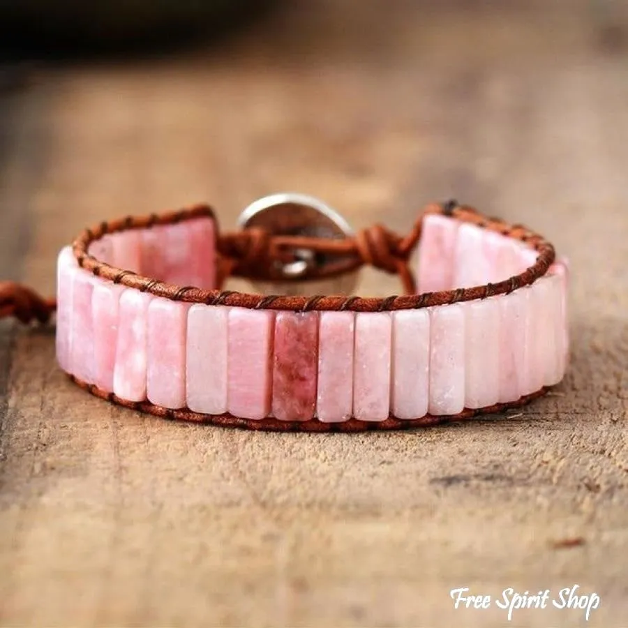 Handmade Natural Pink Opal Stone Leather Wrap Bracelet