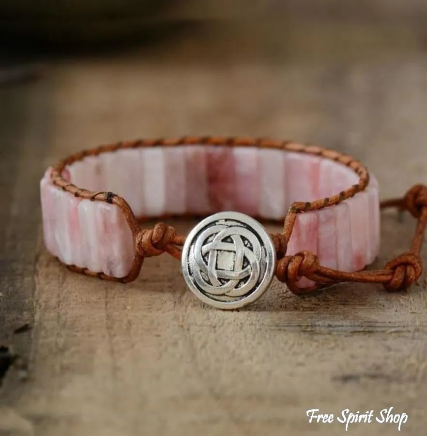 Handmade Natural Pink Opal Stone Leather Wrap Bracelet