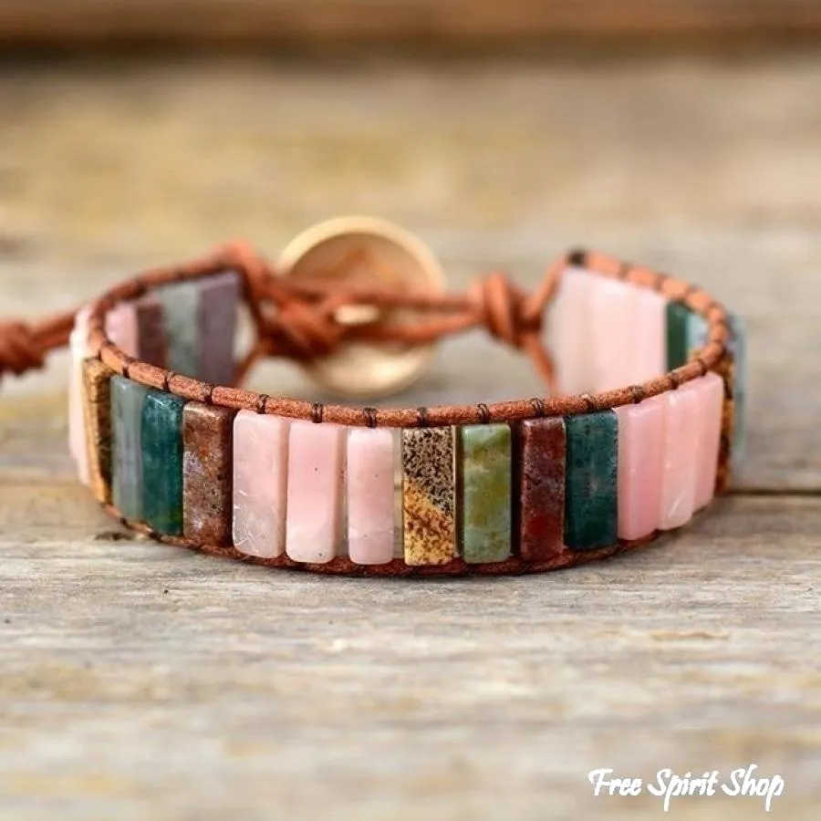 Handmade Natural Pink Opal Stone Leather Wrap Bracelet