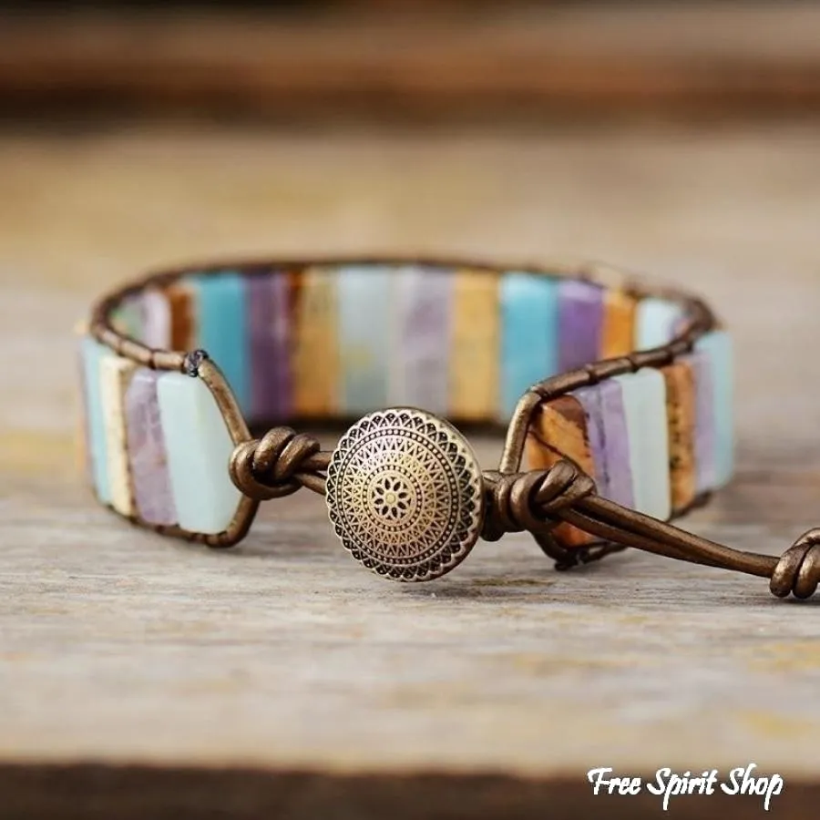 Handmade Natural Pink Opal Stone Leather Wrap Bracelet