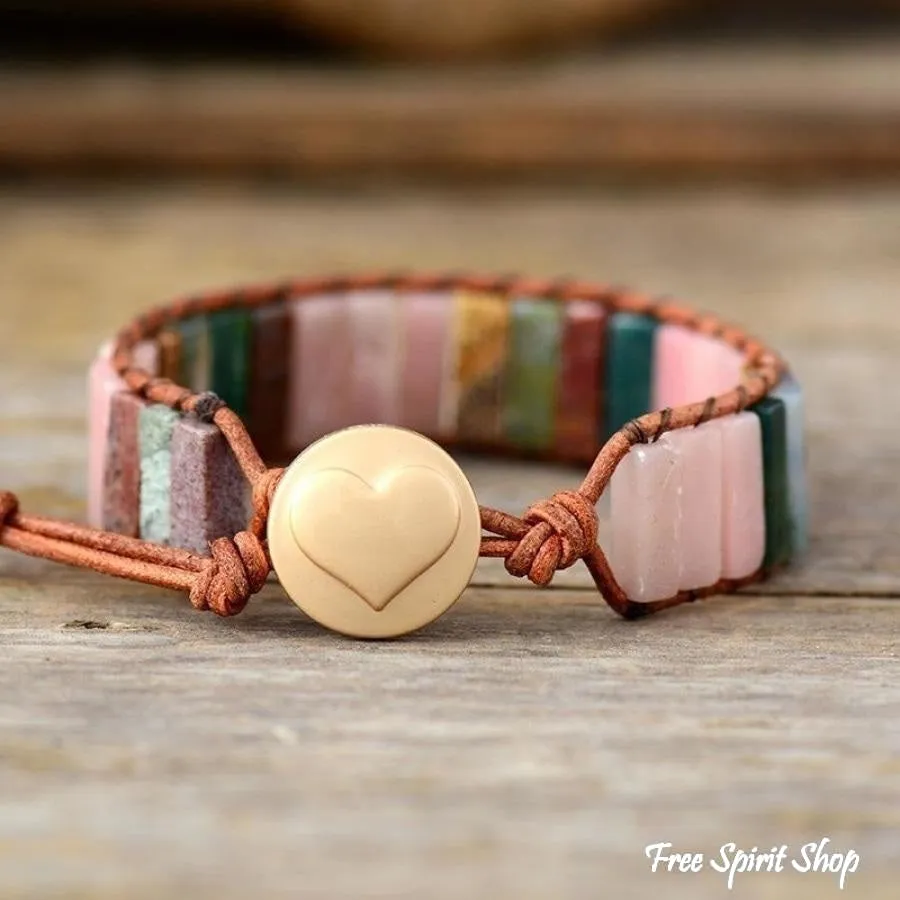 Handmade Natural Pink Opal Stone Leather Wrap Bracelet