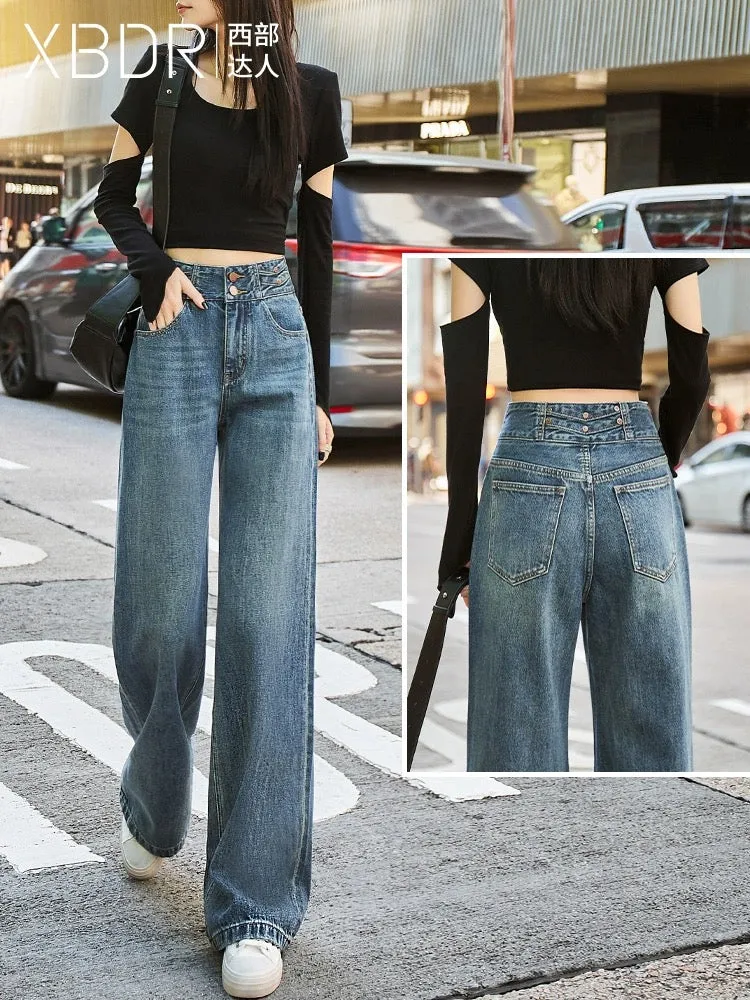 High waist Hong Kong style blue wide-leg jeans for women straight loose drape 2024 spring new design trousers