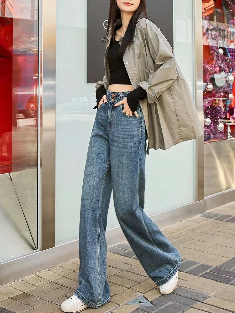 High waist Hong Kong style blue wide-leg jeans for women straight loose drape 2024 spring new design trousers