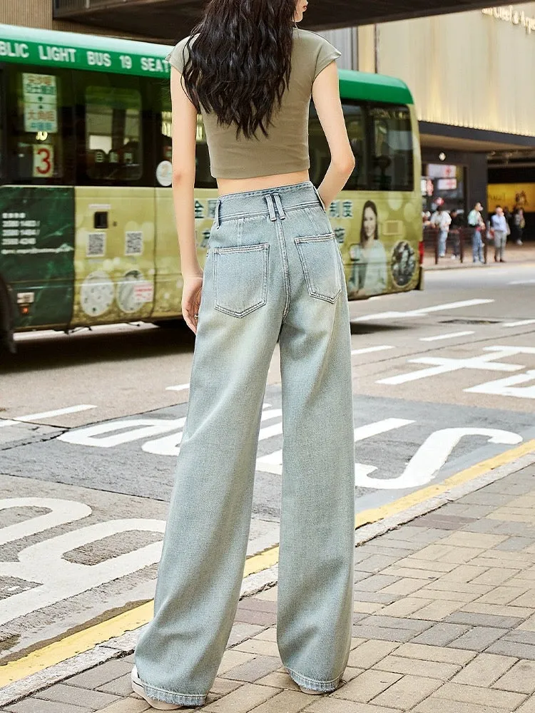 High waist jeans women's wide leg straight pants 2024 spring new loose hot diamond Hong Kong style retro mopping pants trousers