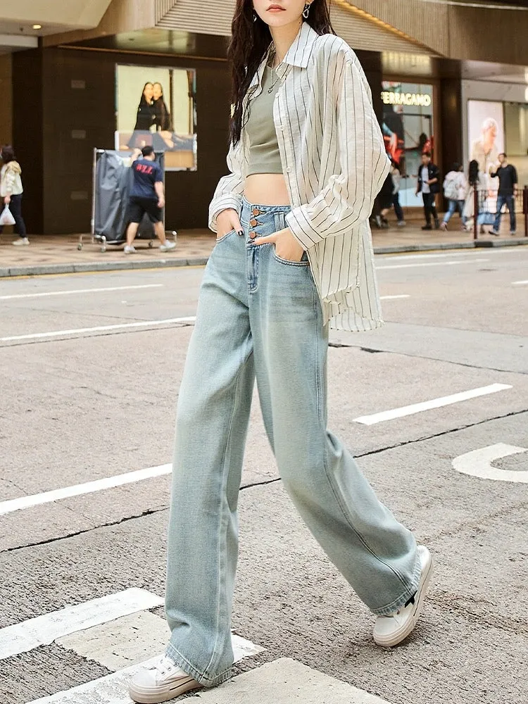 High waist jeans women's wide leg straight pants 2024 spring new loose hot diamond Hong Kong style retro mopping pants trousers