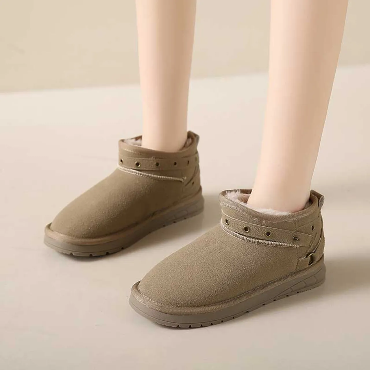 Khaki rivet strap slip on winter ankle shoe boot