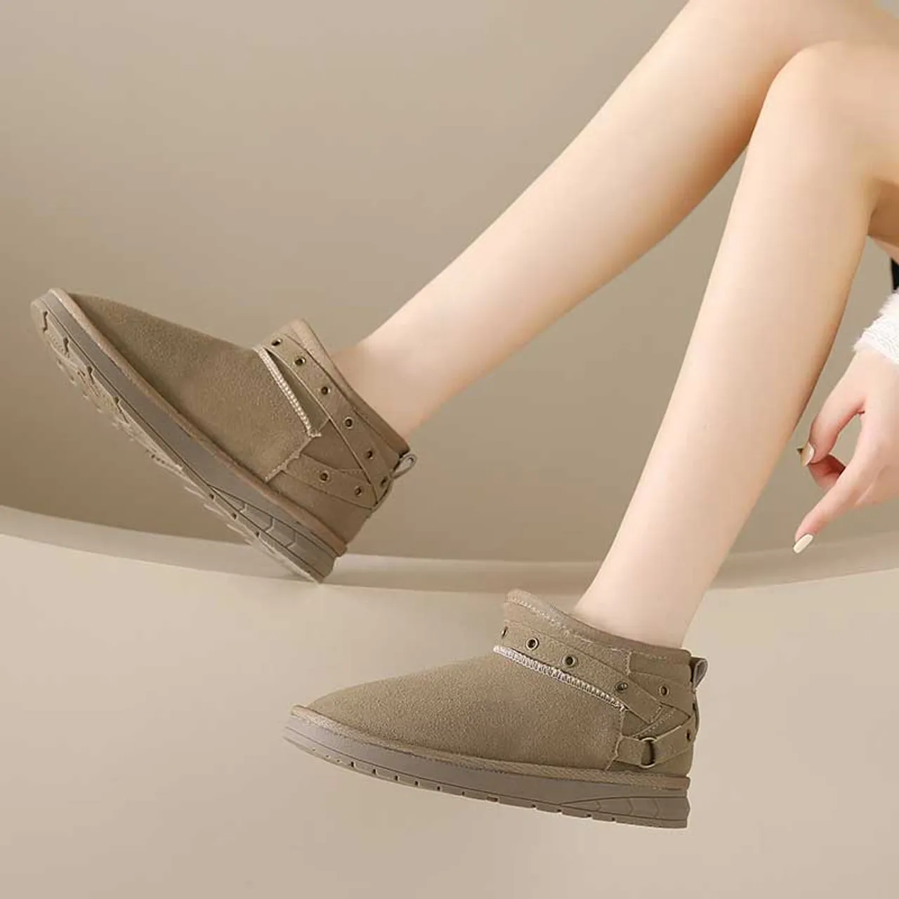 Khaki rivet strap slip on winter ankle shoe boot