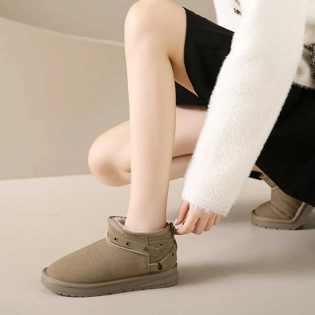 Khaki rivet strap slip on winter ankle shoe boot