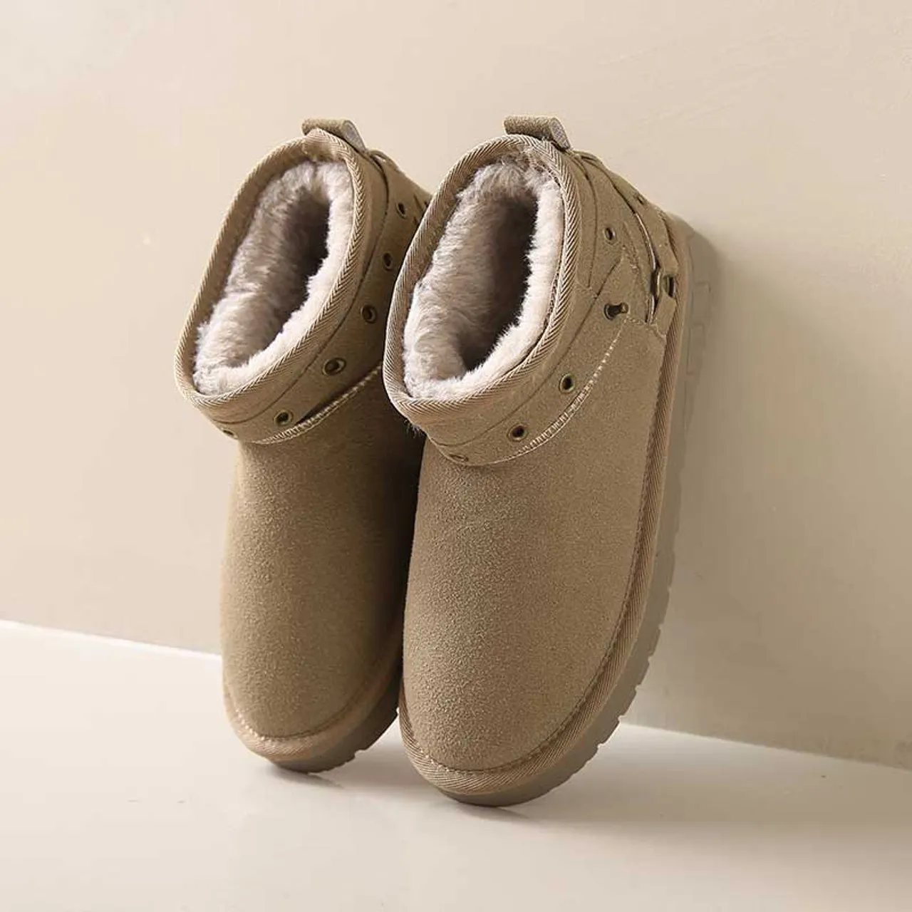 Khaki rivet strap slip on winter ankle shoe boot