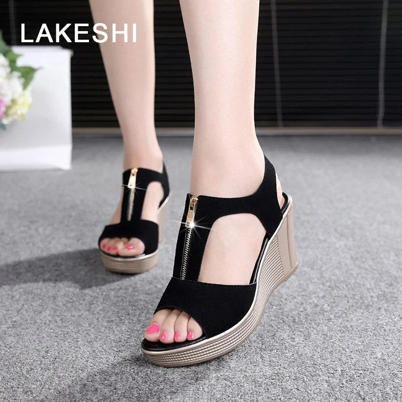 LAKESHI Women Sandals Wedge Sandals Platform Zip Summer Women Shoes Black Peep Toe Ladies Sandals 2022 Women Shoes Big Size 43