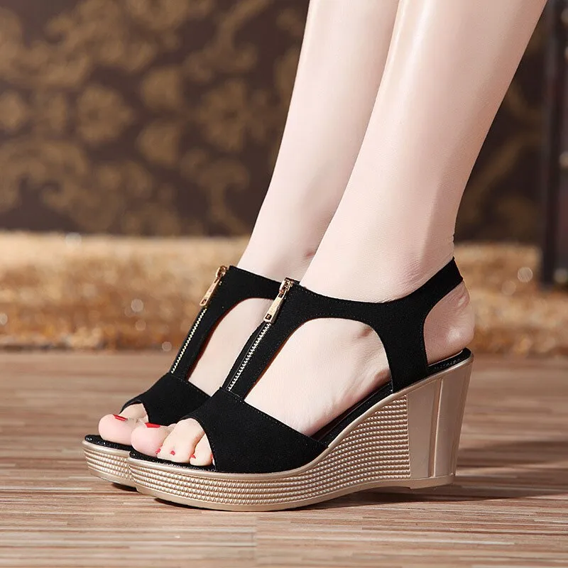 LAKESHI Women Sandals Wedge Sandals Platform Zip Summer Women Shoes Black Peep Toe Ladies Sandals 2022 Women Shoes Big Size 43