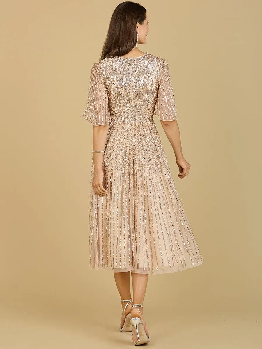 Lara Dresses 29221 Sequin Short Sleeve Formal Midi  Dress