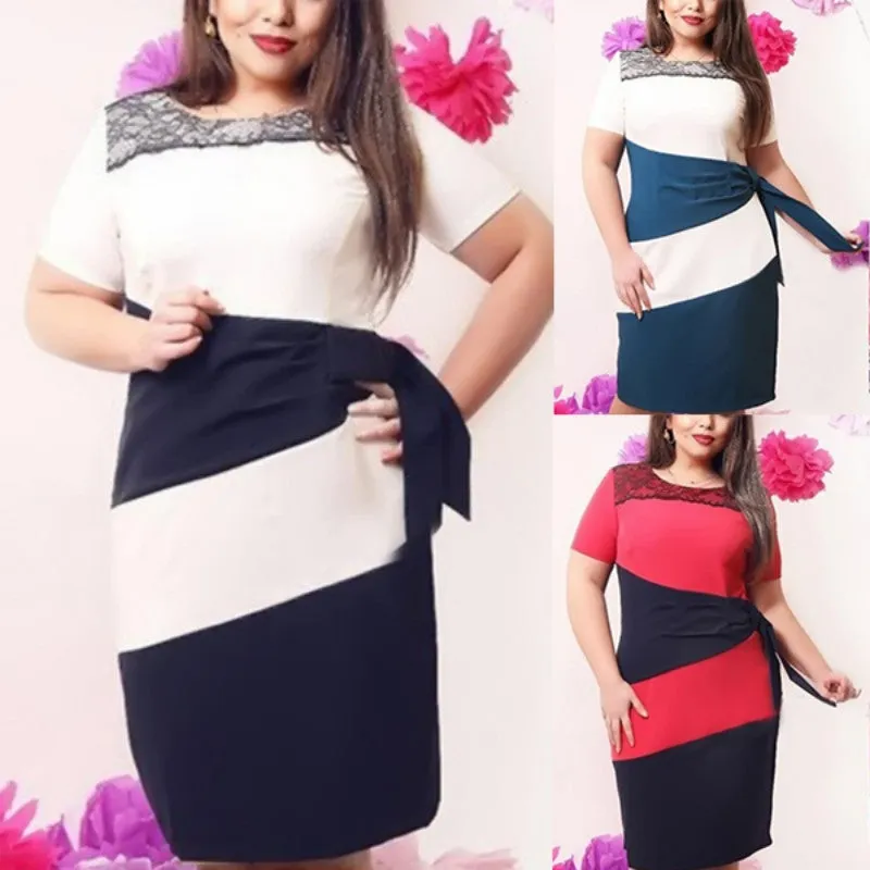 Large Size Women's Striped Short Sleeve Lace Dress Bodycon 6XL Dresses SM6