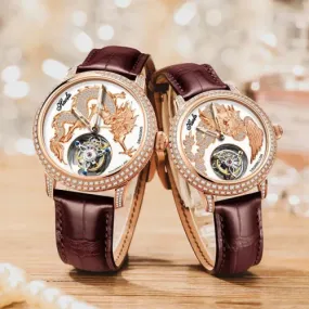 Luxury Crystal Manual Flying Tourbillon Mechanical Waterproof Couple Watch