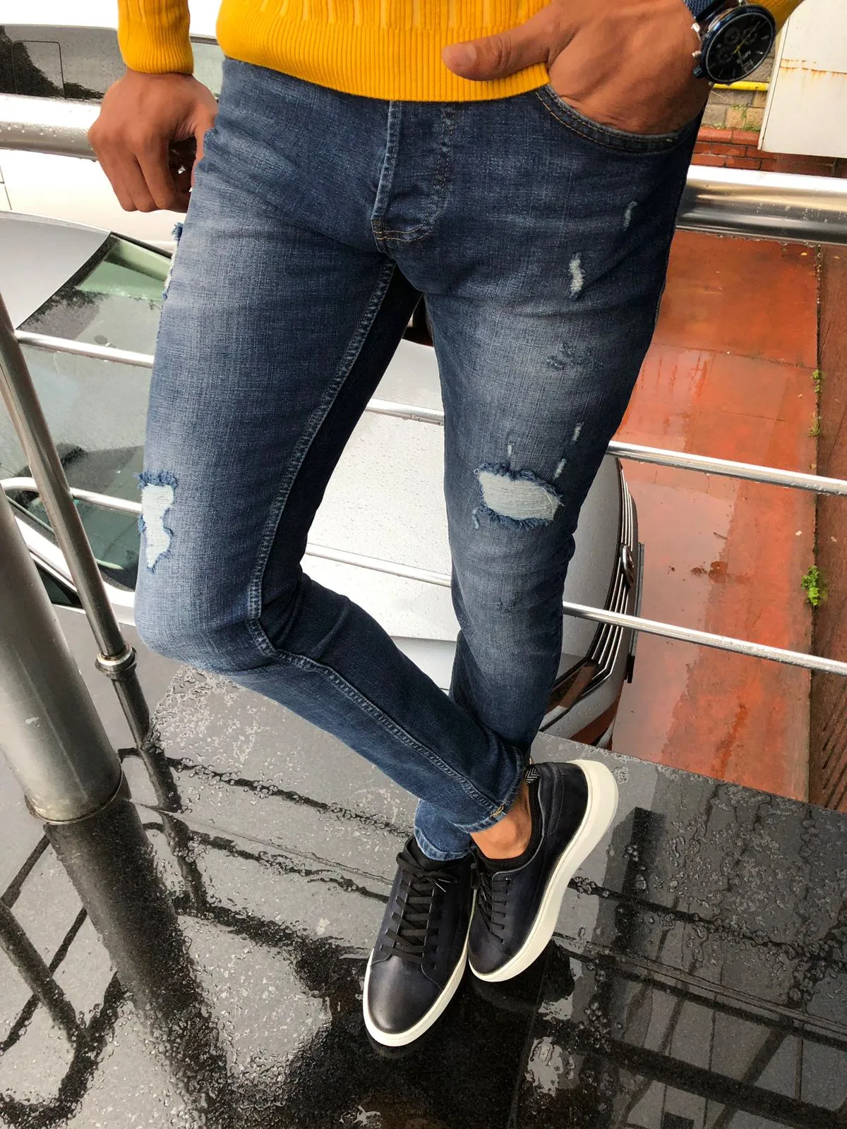 Major Slim-Fit Ripped Jeans Navy Blue