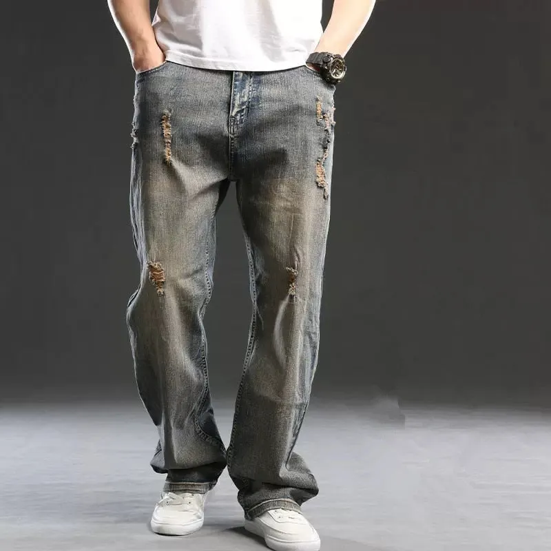 Men's Denim Hip Hop Style Mid Waist Loose Straight-Ripped Jeans Pants